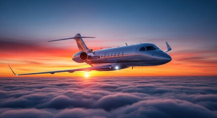 Private jet flies through sunset sky over clouds vibrant colors