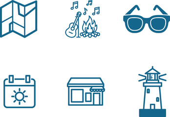 Summer vacation outline icons set depicting travel planning music campfire seaside shopping