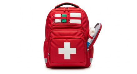 Obraz premium Red first aid backpack with white cross symbol isolated on white background. First aid kit ready for use.