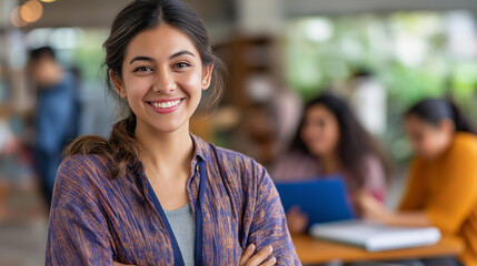 Young smiling female teacher in educational setting school social work services educational counseling student support professional academic mentoring youth development