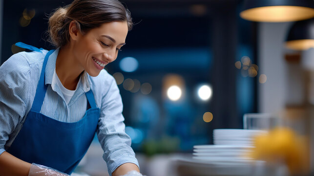 Woman cleaning dishes as volunteer worker community service program charity relief work humanitarian aid social activism volunteer development center defocused kitchen