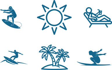 Tropical beach vector illustration set featuring surfing sunbathing palm trees and a bright sun representing a relaxing summer vacation and outdoor lifestyle