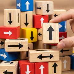 Hand Arranging Wooden Blocks with Directional Arrows for Strategy