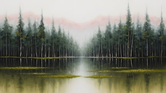 Serene forest landscape painting symmetrical reflection in water nature artwork for peaceful backgro
