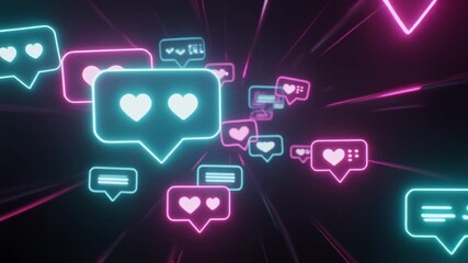 A dynamic digital stream of glowing neon speech bubbles filled with heart icons, symbolizing social media likes and online appreciation - Powered by Adobe