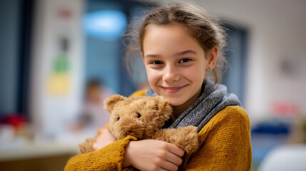 Young girl with comfort toy and social worker orphanage care services child welfare program foster care placement emotional support for children youth protection services