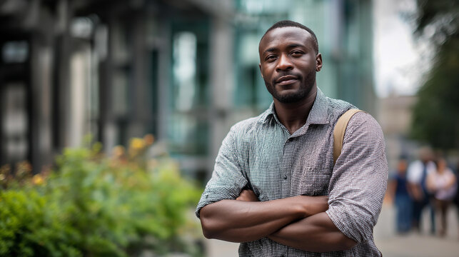 African volunteer standing outdoors with arms crossed homeless outreach worker community service professional charity organization representative social justice advocate