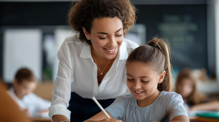 Mixed race teacher tutoring Caucasian schoolgirl in classroom educational support services elementary school teaching academic assistance student mentoring literacy