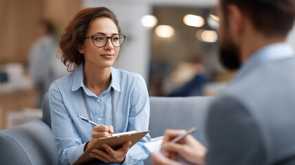 Woman in therapy session taking notes with counselor mental health treatment documentation psychological evaluation counseling conversation therapeutic intervention support