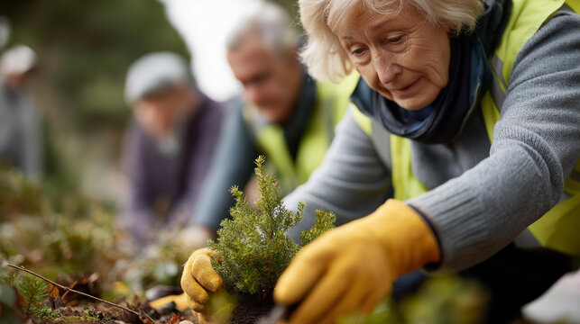 Volunteer team planning community service project in nature environmental social work outdoor program leadership eco friendly charity community forest management senior - Powered by Adobe