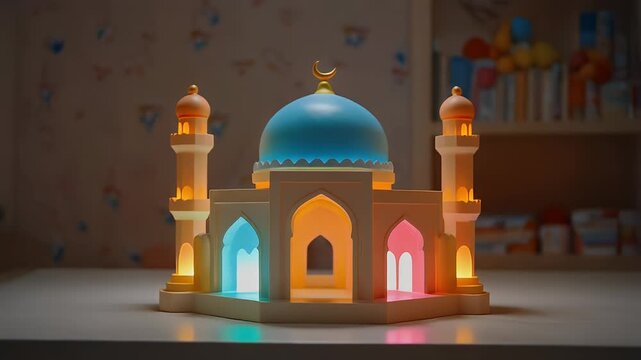 Glowing toy mosque with a blue dome and colorful arched windows, serving as a festive decoration for Islamic celebrations in a cozy room