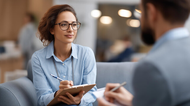 Woman in therapy session taking notes with counselor mental health treatment documentation psychological evaluation counseling conversation therapeutic intervention support