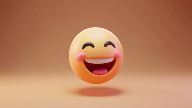 A cheerful 3D rendering of a floating smiley face emoticon with a big joyful grin and rosy blushing cheeks against a warm background