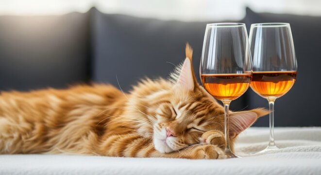 Fluffy cat relaxing near two glasses of amber drink - Powered by Adobe