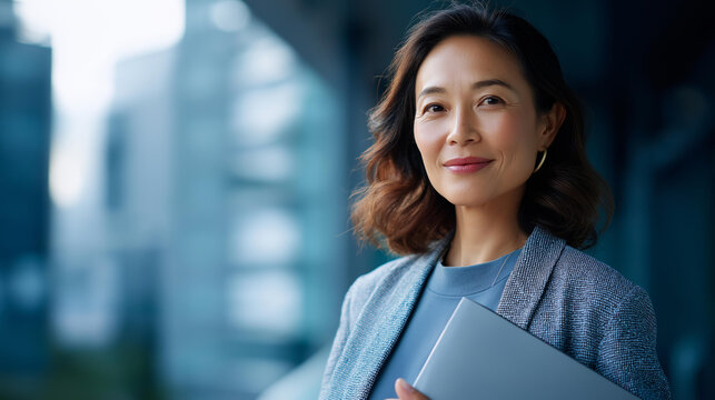 Asian businesswoman professional holding documentation folder corporate social responsibility worker community program coordinator nonprofit organization representative human