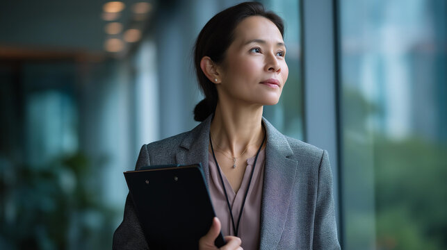 Asian businesswoman professional holding documentation folder corporate social responsibility worker community program coordinator nonprofit organization representative human