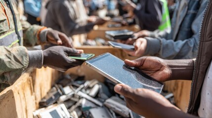 Medium shot showing consumers responsibly discarding old gadgets at a local ewaste collection point emphasizing sustainable recycling habits.