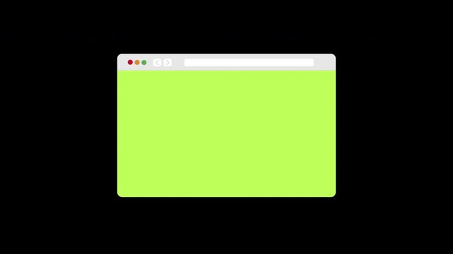 Gradually appearing internet browser window with green screen for your image, webpage. Web page animation mockup with toolbar, search bar. Alpha channel, transparent background.