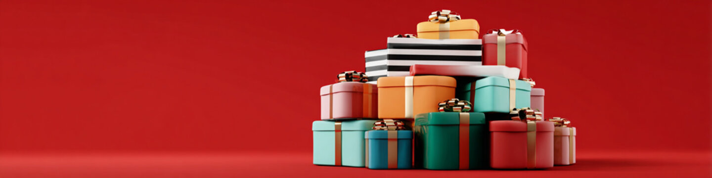 A stack of colorful gift boxes against a plain red colored background