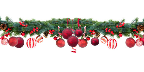 Festive Christmas garland with vibrant red ornaments and pinecones adds holiday cheer, ideal for seasonal greetings and winter promotions © Thamseer