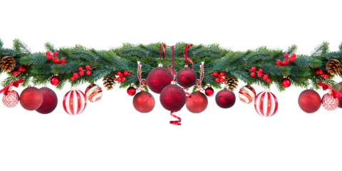 Festive Christmas garland with vibrant red ornaments and pinecones adds holiday cheer, ideal for seasonal greetings and winter promotions