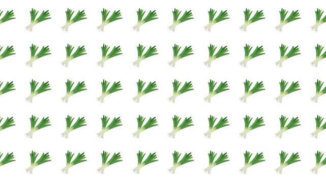 Repeating pattern of green onions on white background. Suitable for food packaging, recipe books, farm produce marketing materials.