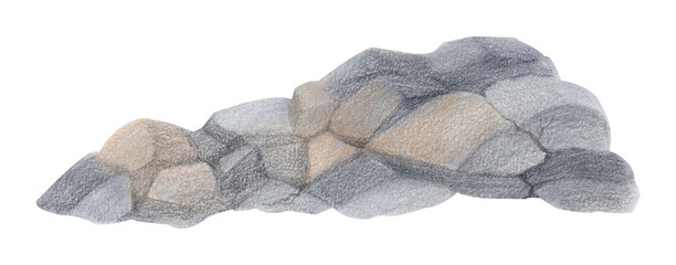 Watercolor illustration of natural stone rock formation. Detailed textured rocky surface isolated on white background. Realistic landscape clipart for nature designs, game assets, decorative elements