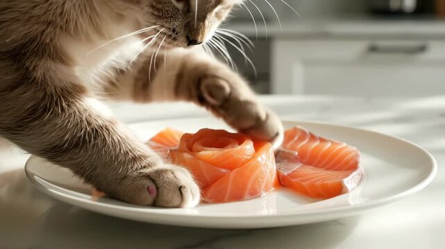 A cats paw reaches for salmon slices arranged on a white plate
