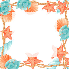 Watercolor sea frame with coral and blue seashells, starfish and nautical ropes with space for text. Square marine border for invitations, summer cards, beach party designs, spa branding or posters.