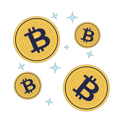 Floating bitcoin coins with sparkles 2D cartoon object. Crypto digital currency levitating. Virtual money. Cryptocurrency twinkles isolated element flat vector clip art on white. Spot illustration