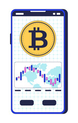 Bitcoin and trading chart on smartphone screen 2D cartoon object. Mobile phone displaying BTC coin and candlestick over global world isolated element flat vector clip art on white. Spot illustration