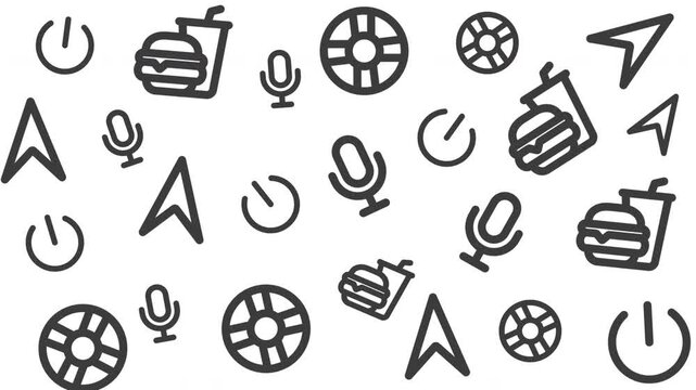 Technology icons set featuring power, microphone, globe, location arrow, and radio in black line style on white background, graphic design vector
