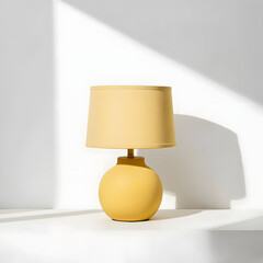 Butter yellow table lamp with fabric shade and circular base, minimalist style on white background, soft shadows for cozy and modern interior design.