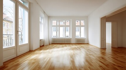 Obraz premium Scandinavian inspired empty living room interior with bright oak floor and off white wall plenty of negative space