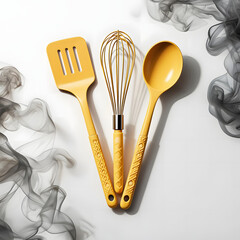 Set of butter yellow kitchen utensils — spatula, whisk, and spoon — neatly arranged on white background with warm, inviting colors for modern cooking