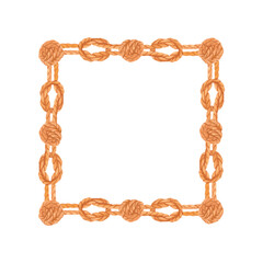 Hand-painted watercolor square frame made of twisted ropes with sailor knots isolated on white. Nautical braided vintage clipart border in rustic style for marine-themed designs, invitations, cards.