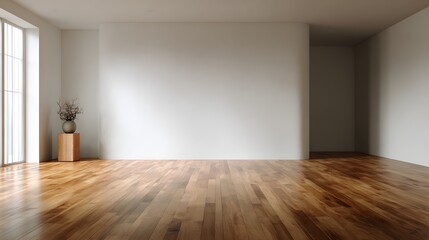 Obraz premium 3D illustration of modern living room with smooth timber floor and blank matte wall creating open airy atmosphere