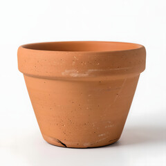Close-up of unglazed clay plant pot with rough texture and subtle imperfections on white background, soft natural light highlights its organic surface