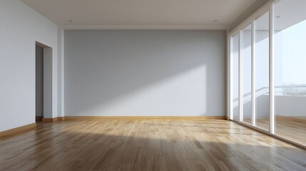 Obraz premium 3D illustration of modern living room with smooth timber floor and blank matte wall creating open airy atmosphere