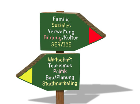 Holzwegweiser, Stadtverwaltung, kommunale Dienste