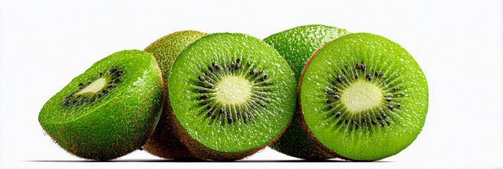 Fototapeta premium A group of kiwi fruits on a white surface with some of them cut in half showing pulp