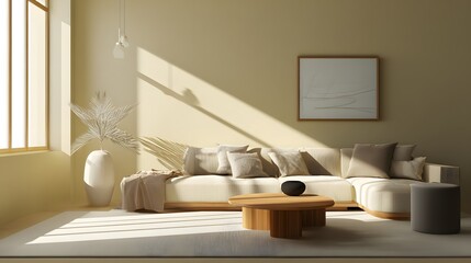 Neutral chic 2026 living room interior background minimal shadows and warm tones