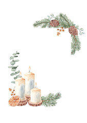 Christmas Advent square vertical Frame, Border. Corner Compositions with Winter plants, Candle and handmade Wicker star Toy. Hand drawn Botanical Illustration of Fir Branches, Eucalyptus, Pine Cone