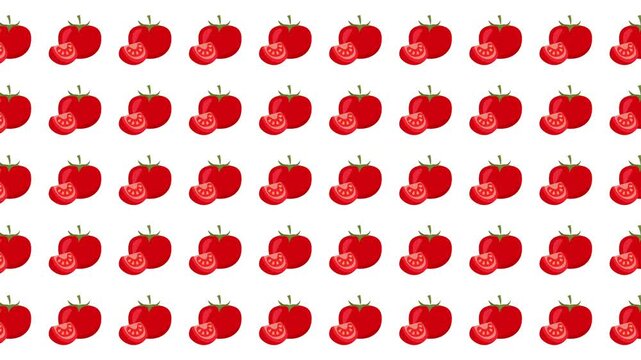 Repeating pattern of whole red tomatoes and slices, great for foodrelated designs and backgrounds on various platforms.