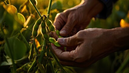 Hands Picking Ripe Soybean Pods at Dawn