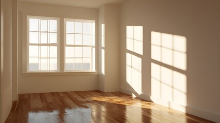 Photorealistic sunlit room minimal wall and floor simple editorial style