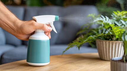 Medium shot of a person using a spray to eliminate persistent smoke odors in a modern living room for enhanced indoor air quality.