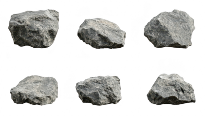 A collection of six distinct rock formations displayed on a clean white background. various textures and shapes. ideal for nature-themed projects or educational materials
