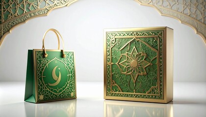 The backdrop features decorative arches with soft lighting, creating a festive and classy atmosphere. Perfect for promoting Islamic themed products, sayings or marketing materialsy