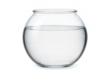 Glass fishbowl filling with clean water, round transparent container for aquatic pets on transparent background